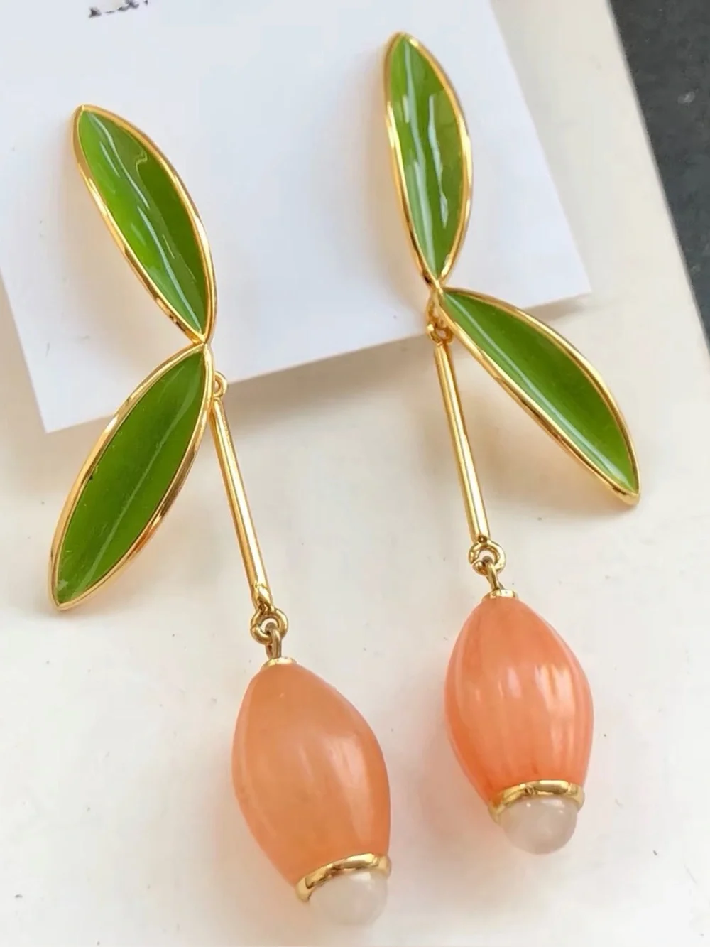 Kate Spade Green Leaf Drop Earrings with Peach Bead Accent